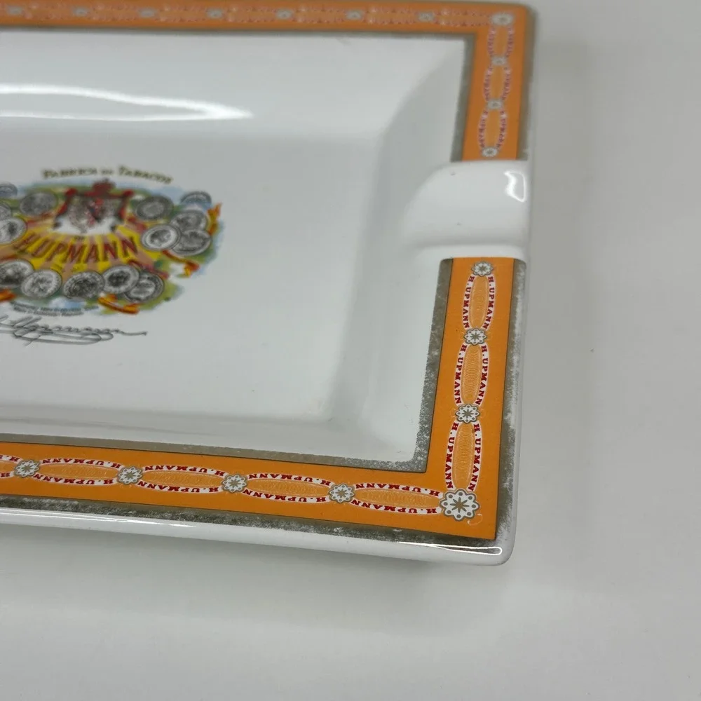 H Upmann Rectangular Porcelain Ashtray Orange Border Fabrica De Tabacos Logo